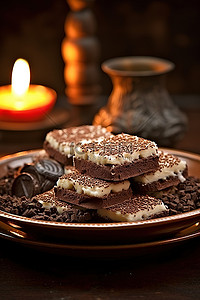 可可西里背景图片_盘子里放着一层巧克力糕点，上面放着蜡烛