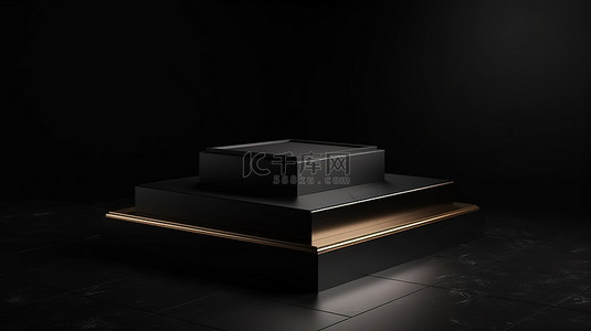黑色背景上黑色讲台基座的简约豪华模型隔离 3D 渲染