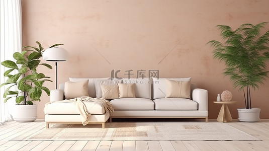 米色沙发背景图片_斯堪的纳维亚波西米亚室内客厅设计模型与 3D 渲染米色墙壁插图