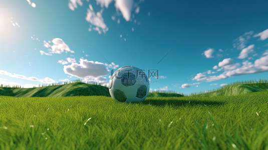 蓝天背景与绿色领域和 3d 渲染足球