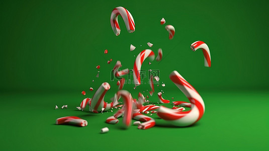 红色装饰背景图片_缓慢下降的薄荷糖棒在 3d 中呈现在绿色背景上，带有旋转的焦糖