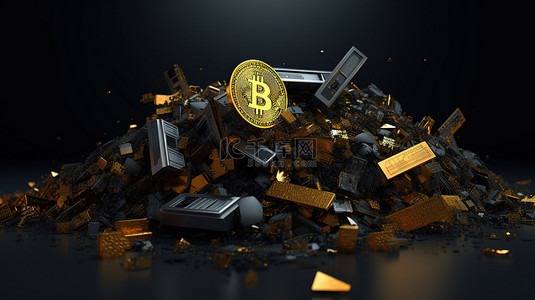 崩溃背景图片_加密货币在垃圾场崩溃的碎片倒塌 3D 渲染