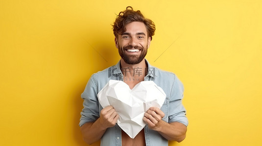 可爱的美国小伙穿着白 T 恤炫耀他迷人的微笑，同时在黄色背景上拿着一颗 3D 纸心，上面有足够的文字空间