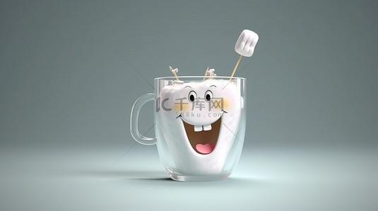 洁白的牙齿背景图片_玻璃渲染中可爱的 3D 卡通牙齿和牙刷
