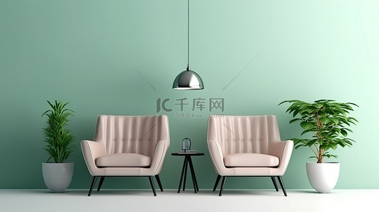 简约柔和的内饰，绿色墙壁，舒适的扶​​手椅，盆栽植物和时尚的灯具，3D视觉效果
