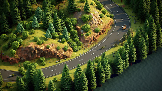 风景优美的森林驱动器的 3D 等距渲染