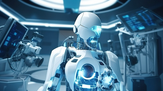 医院诊断医生机器人在医疗技术概念中使用 3D 渲染