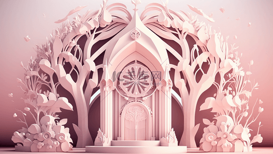 剪纸风建筑背景图片_婚礼教堂粉白色剪纸风背景