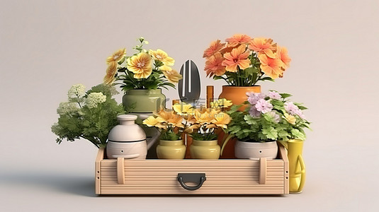 花园工具围绕木箱前视图 3D 渲染中的陶瓷花盆
