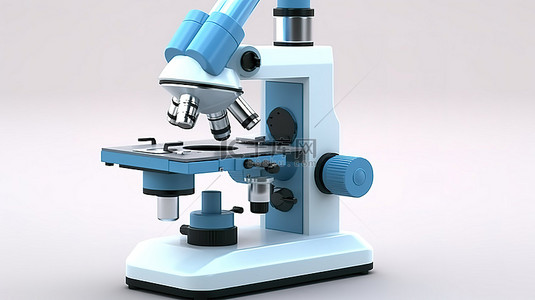 蓝色工具背景背景图片_3D 渲染白色背景展示现代蓝色实验室显微镜