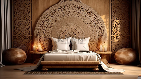 中东旅游背景图片_令人惊叹的 3D 渲染豪华木雕中东阿拉伯卧室，配有大床和华丽的床头板