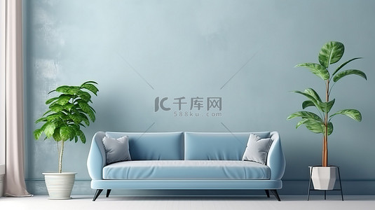 墙壁沙发背景图片_客厅 3D 渲染与蓝色沙发植物和家居室内模型中的装饰