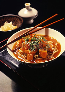 用筷子在桌上的日本蔬菜汤