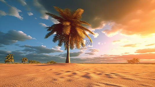 3D 渲染的沙漠场景插图，夕阳下有一棵椰子树的轮廓