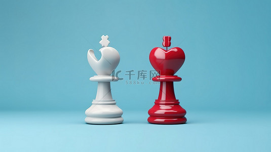 浪漫的国际象棋国王和王后人物由蓝色棋盘上的红心联合起来 3d 渲染