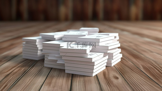 空白纸张贴纸背景图片_使用动作捕捉技术在木质背景上渲染一堆白色名片的 3D 渲染