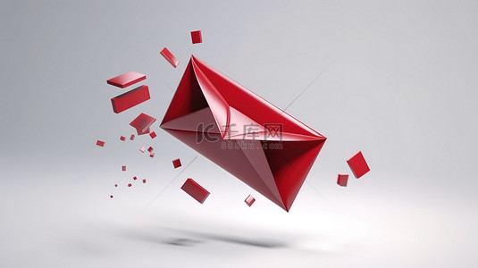 最小的创意红色邮件图标象征着白色背景上 3D 渲染中的浮动信封概念理念