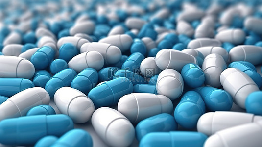 医生简介牌背景图片_3D 在简单背景上渲染白色和蓝色胶囊药物的插图