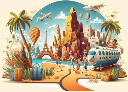 旅游行李箱卡通背景图片_海洋飞机旅游插画背景