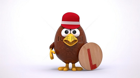 白色背景，3D 渲染由棕色鸡蛋制成的吉祥物，带有禁止或限制的红色符号