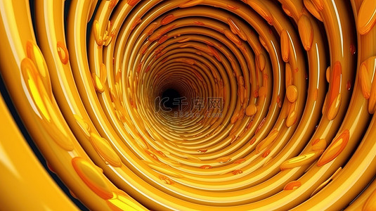 混乱的黄色扭曲抽象管和同心圆的 3D 插图