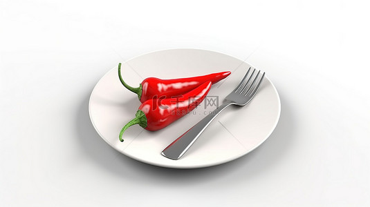 白色背景上带有红辣椒的白盘的顶部视图，并配有叉子和刀子 3D 渲染