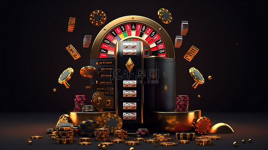 金色口音的赌场元素老虎机卡皇冠骰子和轮盘赌在 3D 渲染