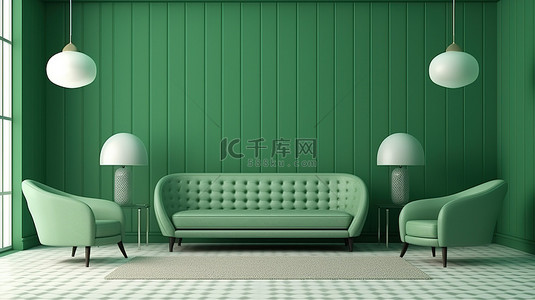 中世纪现代背景图片_中世纪现代客厅的 3D 渲染，具有引人注目的绿色墙壁图案背景