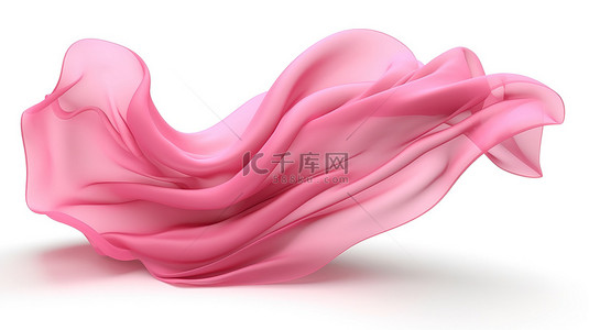 白色背景上微风中翻滚的粉色织物的 3D 渲染