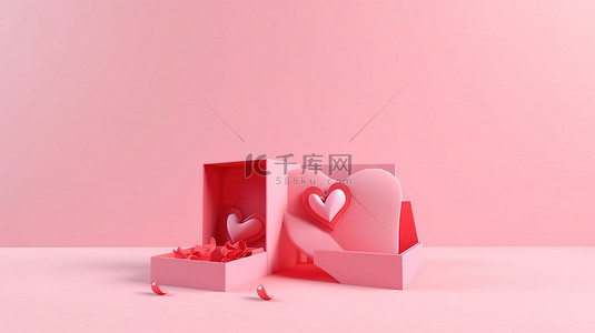 情人节背景图片_简约的情人节销售概念柔和的背景，带有开放式粉色礼品盒和孤立的红心的 3D 渲染