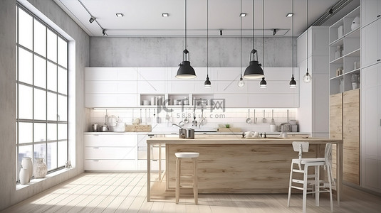 灯点亮的白色阁楼厨房，采用 3D 渲染的木质设计
