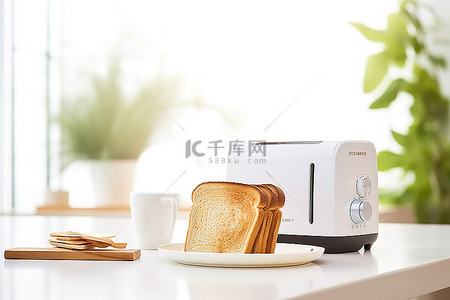 面包和咖啡背景图片_桌上有烤面包机咖啡和面包