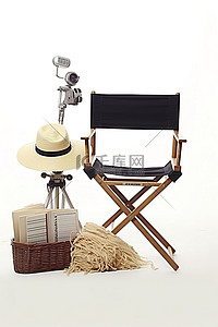 演员表模板背景图片_演员办公桌和摄影设备，旁边有一顶带稻草的帽子