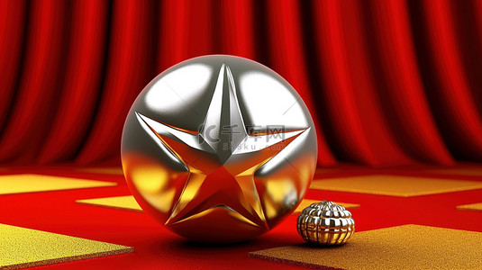 新年海报星星背景图片_红色背景装饰着金色的银球和星星 3D 插图的圣诞节和新年装饰