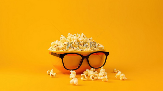 娱乐美食节背景图片_黄色背景碗爆米花和 3d 眼镜
