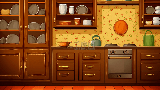 厨房褐色柜子盘子卡通
