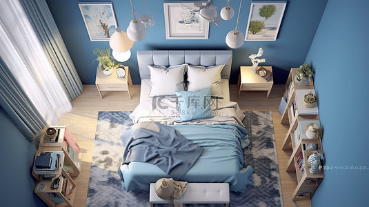 使用 3D 渲染从鸟瞰角度捕捉蓝色色调的卧室室内设计