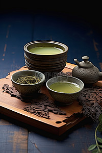 两碗茶背景图片_木托盘上放着两碗红茶和几碗绿茶