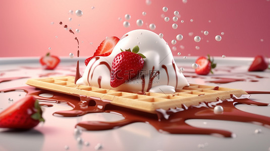 3D 渲染的威化底座上美味融化的草莓和香草冰淇淋