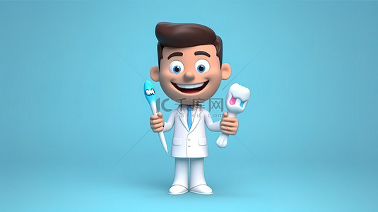 牙医拿着牙刷和牙齿进行口腔护理和治疗的卡通风格插图