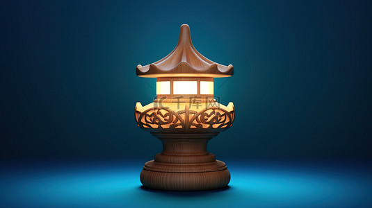 蓝色木制背景背景图片_1 蓝色背景下亚洲风格的木制夜灯的 3D 渲染