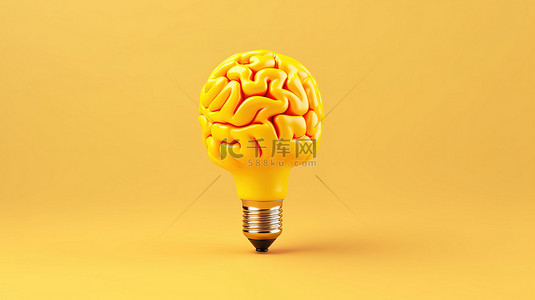 大脑创新背景图片_黄色灯泡背景上的大脑照明 3D 渲染