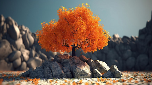 橙叶树，前面有岩石 3d 渲染