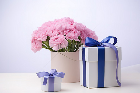 紫色母亲节背景图片_蓝丝带紫色康乃馨礼盒