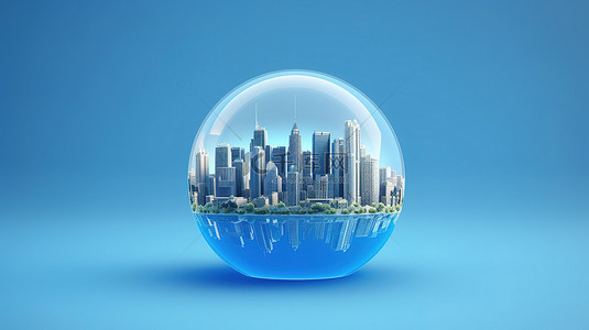 地球深林背景图片_蓝色地球背景上有摩天大楼的市中心的 3D 插图