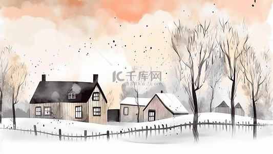 冬天的树枝背景图片_冬天房屋建筑插画