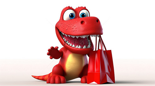 购物袋红色背景图片_手里拿着购物袋的搞笑 3D 红色恐龙