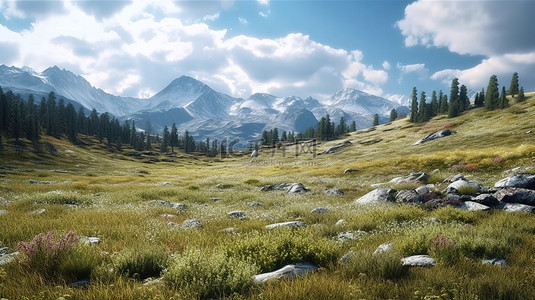 登山背景图片_雄伟的高山草甸，未驯服的风景，瞥见白雪皑皑的山峰 3D 渲染