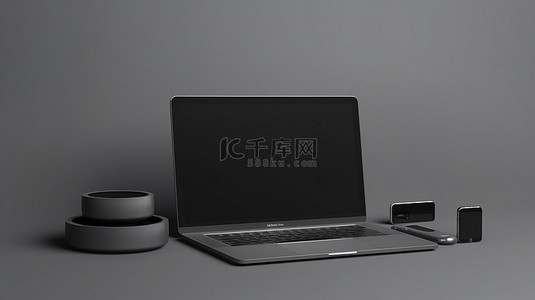 电脑和手机背景图片_灰色隔离模型的 3D 渲染，包括一组笔记本电脑平板电脑和手机
