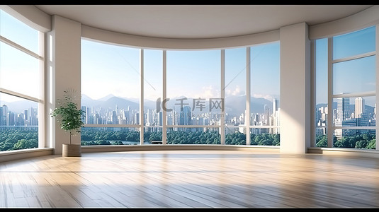 房间空墙背景图片_现代豪华客厅，配有宽敞的窗户和空墙 3D 渲染